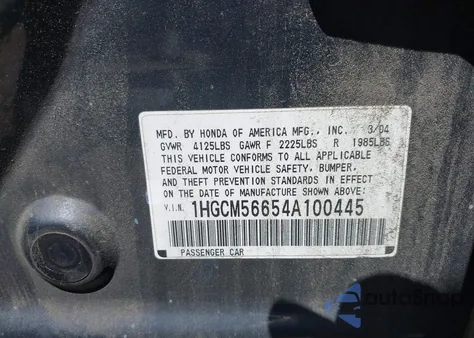 2004 Honda Accord 2.4 Ex from USA, damaged, VIN 1HGCM56654A100445